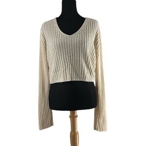 Oak + Fort ribbed sweater cropped open back with tie cram neutral sz xs